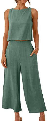 EMATOP 2 Teiler Hosenanzug Damen Elegant Zweiteiler Outfit Sommer Ärmelloses Tank Top und Hose Trainingsanzug Baumwolle Leinen Freizeitanzug mit Taschen Sportanzug Leicht Einfarbig Loungewear