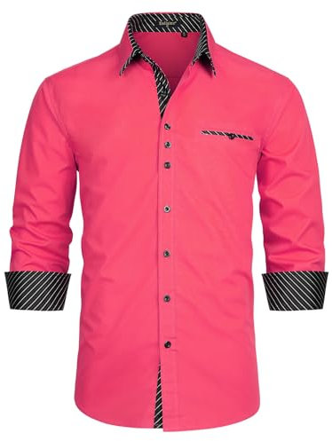 Enlision Camisas para Hombre Casual Camisa de Vestir Formal Camisas Manga Larga Camisa Rosa Fucsia M