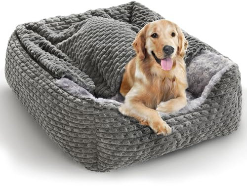 Heymamba Large Dog Bed Rectangle with Low Front Edge Design, Pet Dog Cave Bed with Hooded, Pet Beds Snuggle Bed with 20,000 Rubber Particles Anti Slip Bottom for Golden Retriever,78x63x23cm