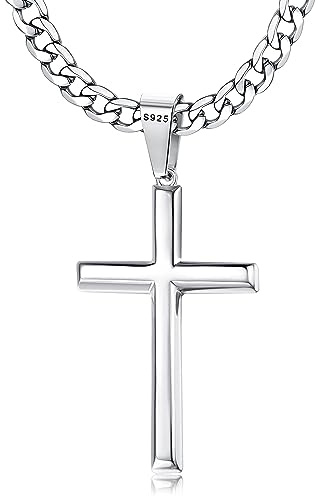 Chriscoco Collar Cruz Hombre Plata de Ley 925 Hombre Mujer 5MM Acero Inoxidable Cubano Cadena Collar con Colgante Cruz Cadena Plata para Hombre y Niños