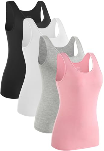 Knuffnee 4 Pack Tank Top for Women Basic Undershirt Tanks Casual Vest Tops Black/White/Grey/Pink XL