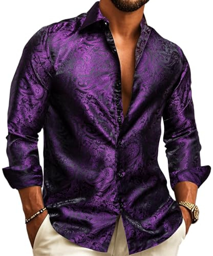 YOHOWA Men's Silk Dress Shirts Long Sleeve Paisley Jacquard Button Down Western Designer Classic Shirt Party Prom Purple M