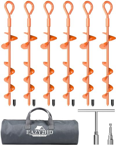 Eazy2hD 6 Pack Tent Stakes Heavy Duty, 15 Inch Ground Anchors Screw in, Metal High Winds Trampoline Stake with Nut and Tool, Spiral Anchor Kit for Camping, Shed, Swing Set, Canopy, Car Ports
