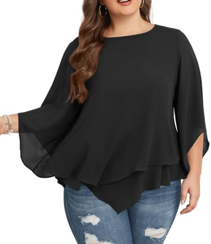 Hanna Nikole Chemisier en mousseline pour femme grandes tailles 3/4 manches double couche chemise fluide élégante hauts amples long chemisier, Noir , 52