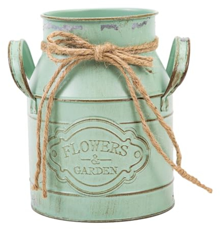 YOUNAFEN Jarrón de flores desgastado para leche, cubo de metal, jarra vintage de granja, maceta decorativa, jarrón de leche, color verde