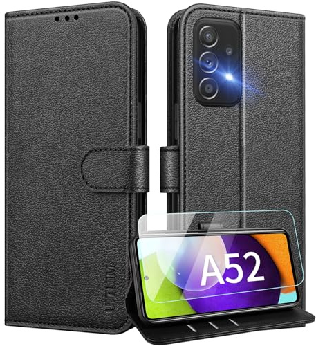 UITUIM Coque pour Samsung Galaxy A52 5G / A52s 5G / A52 4G Coque Etui Portefeuille Cuir avec Verre Trempé Protection Écran Porte Carte Rabat Clapet Flip Case Étui Cover Housse Etui Coque,Noir