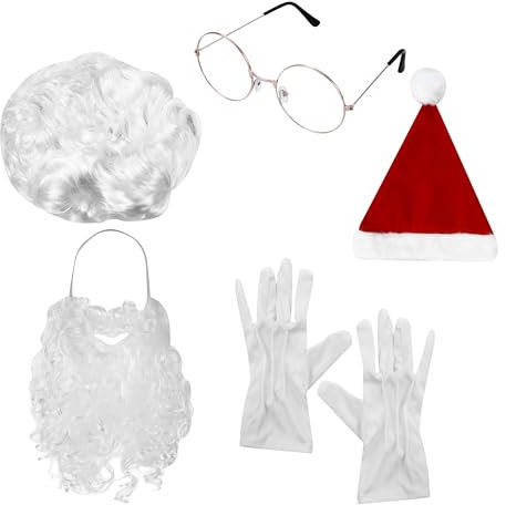 Tallgoo weihnachtsmann kostüm, weihnachtsmann bart und perücke,weihnachtsmann mütze, brille, Fäustling für Weihnachten, Kostüm für Nikolaus, Weihnachtsfeier Weihnachtszubehör,6 Stück
