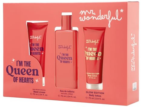 MR WONDERFUL - I'm the Queen of Hearts 75 ml, Estuche de Regalo Mujer, Colonia + Crema Manos + Crema de Cuerpo Glow Edition, Eau de Toilette Femenina, Aroma Frutal Gourmand