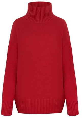 Fnfmrfmr Maglione pullover da donna a collo alto oversize invernale vintage lavorato a maglia rosso morbido e caldo, Rosso, M