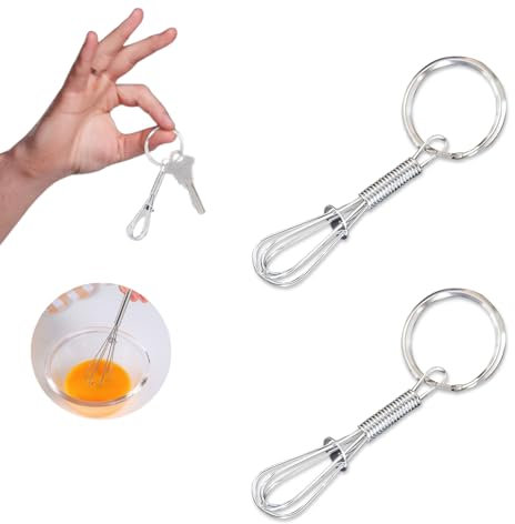 GHYJHS 2 Pcs Tiny Whisk Mini Whisk Keychain Novelty for Chef Cook Foodie, Stainless Steel Tiny Cooking Kitchen Tiny Whisk and Egg Beater for Cooking Blending Whiping and Stirring Whisks, Silver