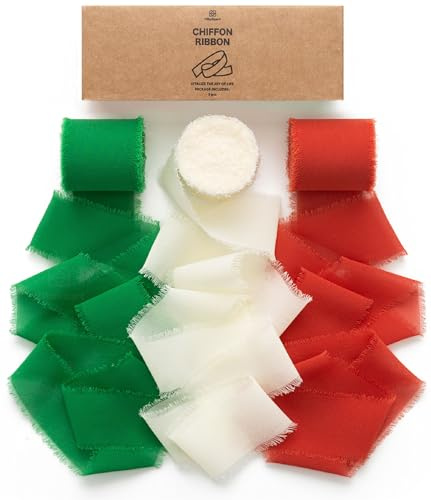 Vitalizart Cinta de Gasa de Seda Rojo & Blanco & Verde 3,8 cm x 19,2 m, Hecha a Mano con Flecos, Cinta Deshilachada para Invitaciones de Boda, Ramos de Novia, Envolver Regalos, Bricolaje