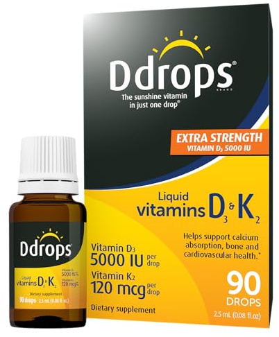 Ddrops Extra Strength 5000 IU Vitamin D3 + K2 90 Drops - Liquid Vitamin D3 & K2 (MK7) Supplement. Supporting Strong Bones, Immune System and Cardiovascular Health.