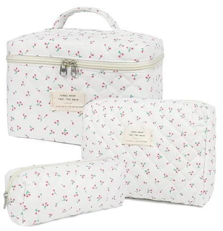 Aucuu 3PCS Set Kosmetiktasche, Reise Kosmetiktasche Set Damen, Kulturtasche Damen mit Blumenmuster, Gesteppte Kulturtasche, Kulturbeutel Make Up Tasche, Tragbare Schminktasche für Mädchen Frauen