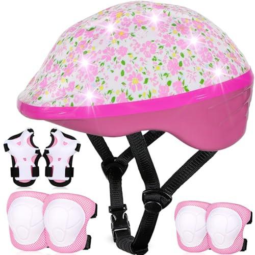 EllaSeek Kids Helmet and Pads Set Age 3-5-8, Girls Bike Helmet with LED Lights, Adjustable Knee Pads and Elbow Pads Toddler Protective Gear Set for Children Cycle, Skateboard Scooter, Roller Skates
