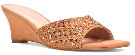 ESSEX GLAM Women's Wedge Heel Sandals Ladies Beige Jewel Diamante Square Peep Toe Party Heeled Mule Shoes Size 6