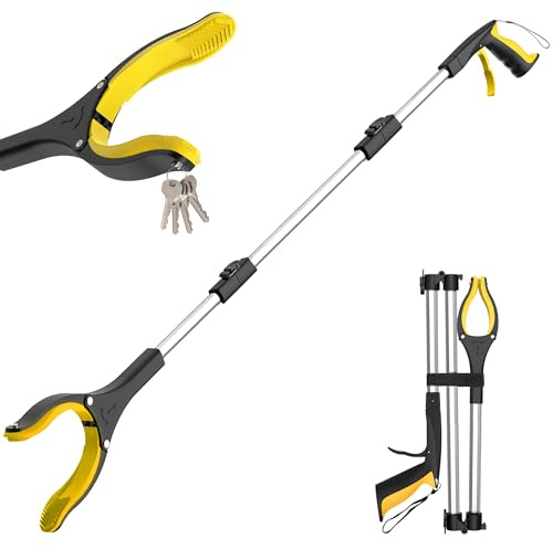 Litter Picker Grabber Stick, Foldable Long Reach Grabber Tool for Elderly, Disabled, Adults and Mobility Aid, with Magnetic Tip for Rubbish Picker and Trash Pick Up, 91cm/36 Inch(YellowSilver）
