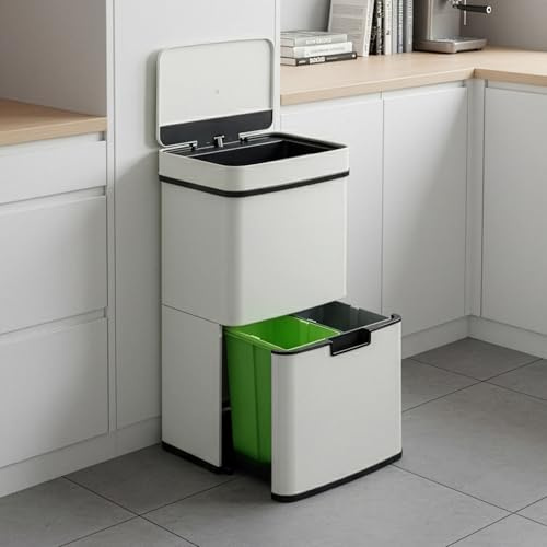 [en.casa] Pattumiera Intelligente a Coperchio con Sensore Capacità 62 L Cestino Automatico a 3 Scomparti Vano Estraibile con 2 Secchi Raccolta Differenziata 75x42x32 cm - Beige