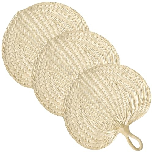 Abanicos de Rafia de 3 Piezas, Abanico de Mano de Paja con Hojas de Palma de 12x13 Pulgadas con asa para Luau, Bodas, Boho y Otros Eventos.