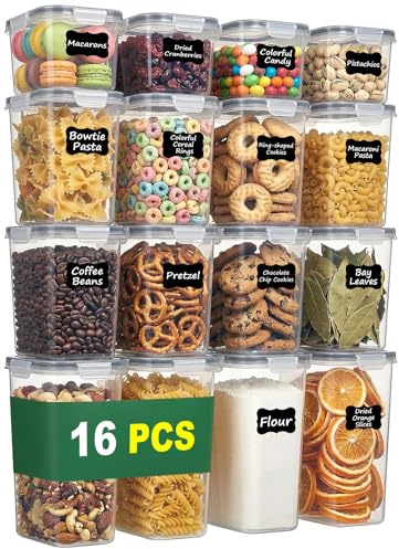 Contenitori ermetici per alimenti con coperchio, 16 pezzi, contenitori cucina impilabili senza BPA, barattoli per conservazione di farina, riso, pasta e cereali, per dispensa e organizzazione cucina