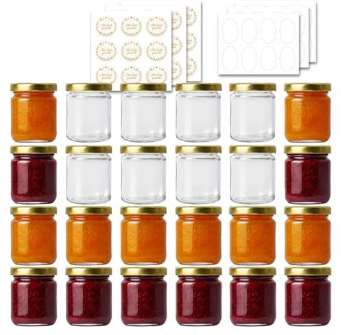 ComSaf Set 24 Vasetti Vetro Piccoli 120ml con Etichette, Vasetti Miele Bomboniere, per marmellata miele spezie e alimenti secchi, adatti famiglie amanti cucina, uso casa cucina regali dispensa