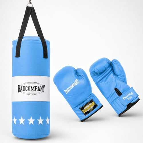 Bad Company boxningsset för barn och tonåringar upp till 12 år grå – boxningssäck ofylld med upphängning 55 x 25 cm och boxningshandskar barn 20 ml – boxningssäck set barn hängande