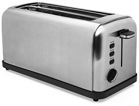 Princess 142389 Tostadora de doble ranura larga, 6 grados de tostado, Funciones de descongelado, de calentamiento y de cancelación, Bandeja migas extraíble, 1500 W, Acero inoxidable