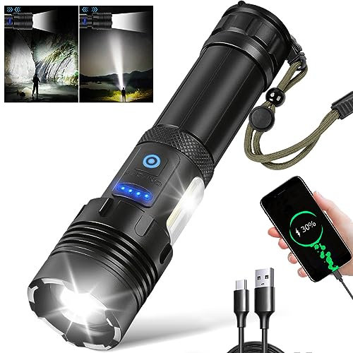 Taschenlampe Led 10000 Lumen, LED Taschenlampe Extrem Hell mit COB Arbeitsleuchte Taschenlampe Led Aufladbar Wasserdicht 7 Modi Zoombar Taktische Taschenlampe für Camping Notfall Ausrüstung Wandern