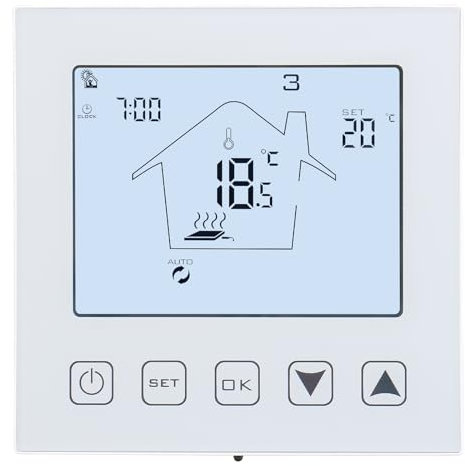 Wengart Termostato de calefacción WG603W, programación semanal AC90~240V 3A,Botones táctiles,para Ajustar la Temperatura Ambiente con detección de Apertura de Ventanas y Modo Vacaciones