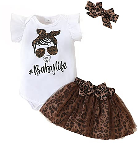 KONFEN Vetement Bebe Tenue de Vêtements pour Bébé Nouveau-né Manche Courte Body Barboteuse + Imprimé Léopard Maille Jupe + Bandeau Ensemble 3 pièces pour Bebe Fille 0-24 Mois