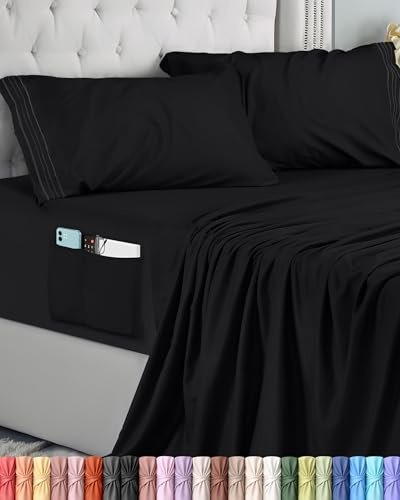 Utopia Bedding Juego de Sabanas 4 Piezas 180x200 - Microfibra De Poliéster, Sábana Bajera con Bolsillos de Almacenamiento, Sábana Plana Y 2 Fundas De Almohada Bordadas (Cama 180, Negro)