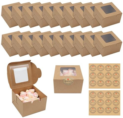 JOYSKY 20 Stück Braune Cupcake-Boxen Papierkuchenboxen Bäckerei-Gebäckboxen mit Fenstern und 24 Aufklebern für Cupcakes Desserts Gebäck Kekse kleine Kuchen Süßigkeiten Kuchen und Geschenke
