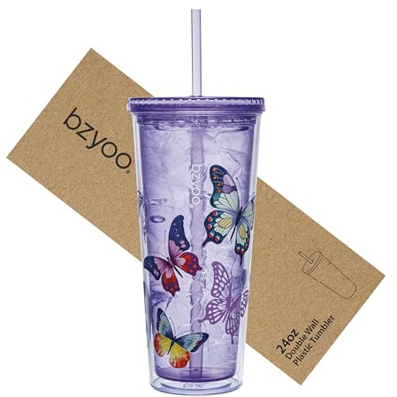 bzyoo SIP Gobelet en Plastique à Double Paroi de 710 ml avec Couvercle et Paille - Tasse de Voyage Réutilisable pour Boissons Froides - Idéal pour Café Glacé, Thé, Bureaux, Fêtes - Motif Papillon Viol