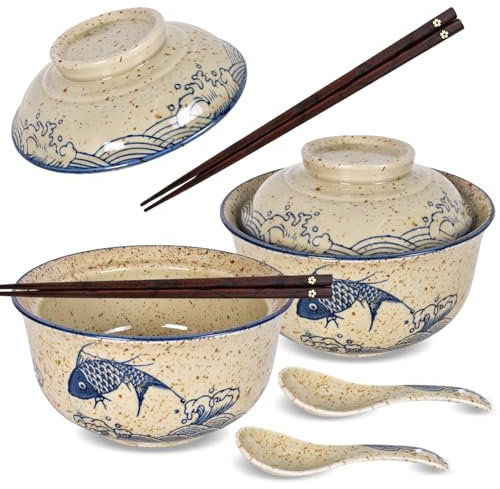 DEARBAG 2 x Ramen Schüssel Set 800ml Keramik Ramen Bowl mit Deckel Löffel und Essstäbchen, Japanische Suppenschüssel Asiatisch Geschirr Ø 16cm Ramen Schale für Ramen, Salat, Müsli (A)