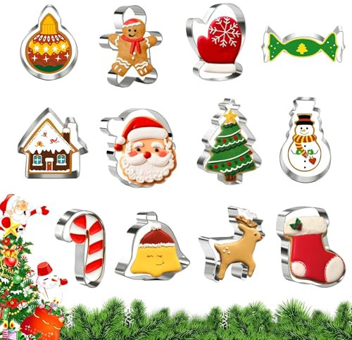 CLHXWU 12 Stück Ausstechformen Weihnachten Set,Plätzchen Ausstecher Weihnachten,Keksausstecher Weihnachten aus Edelstahl Für Plätzchen und Fondant (Weihnachten)