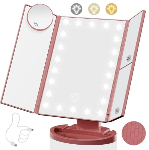 Lighted Makeup Mirror with 22 LED Lights, Dual Power Supply 1x/2x/3x/10x Magnifying Touch Screen Dimmable Mirror, 180 Degree Adjustable Angle, Travel Cosmetic Mirror - Pink Gold