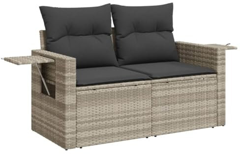 vidaXL Gartensofa mit Kissen 2-Sitzer, Sofa mit klappbaren Ablagen, Terrassensofa mit abnehmbarem waschbarem Bezug, Gartenmöbel Terrassenmöbel, Hellgrau Poly Rattan