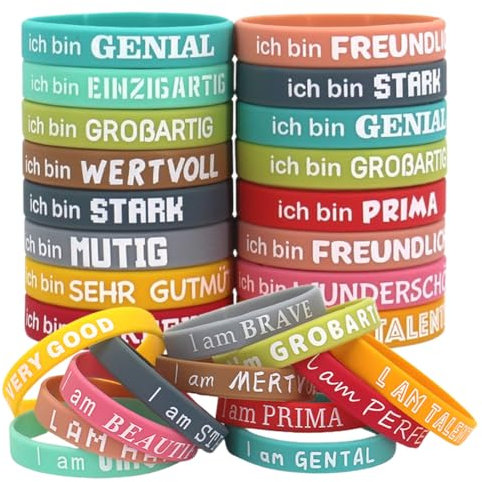24PCS Motivationsarmbänder auf Deutsch, Inspirierenden Sprüchen Silikon Armbänder,Silikon Armbänder Farbige Inspirierende Elastische Armbänder Verschiedene Unisex Handgelenk Bänder für Erwachsene Part