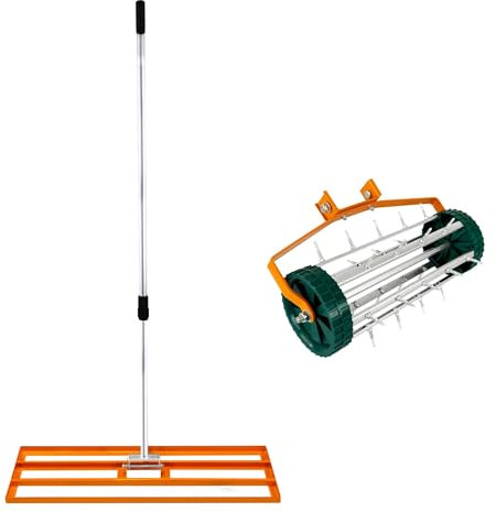 Niveleur et aérateur de gazon manuel avec pointes de 3,8 cm et 100 cm x 32 cm Orange Râteau de nivellement Lute amovible Double usage Manche extensible 1,15 – 1,9 m Prise en main facile Acier robuste