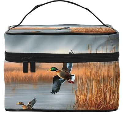 ESNAIUVCD Kulturbeutel mit Jagd-Motiv fliegende Wildente, große Kosmetiktasche, Reise-Make-up-Tasche, Organizer für Damen, Schwarz , Einheitsgröße, Kosmetikkoffer