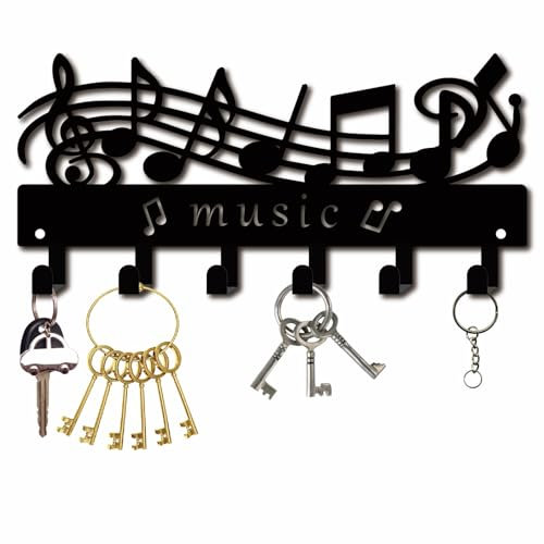 CREATCABIN Music Note Key Holder Coat Hook Wall Mount Black Metal Decorative Wall Rack with Musical Note Design Hat Towel Hanger Organizer Wall Art Decor with 6 Hooks for Entryway Living Room Bathroom