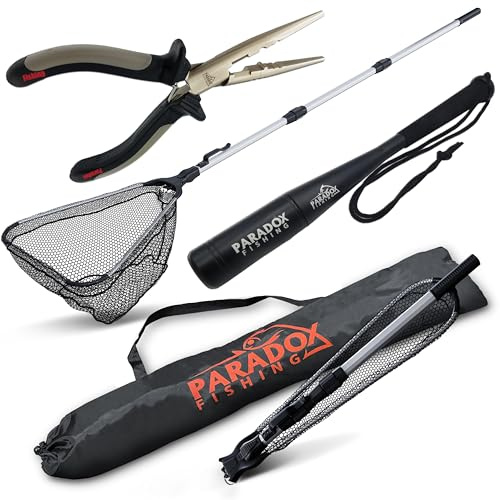 Paradox Fishing Angel Kescher gummiert 2,1m mit Tasche, 17cm Zange und Fischtöter | klappbar | Stabiler Unterfangkescher Allround | Kescher Angeln | Fischschonend