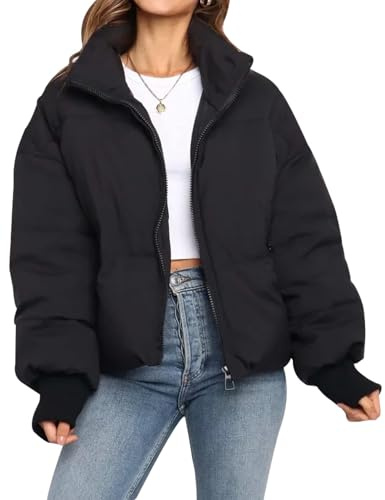 Flygo Winter Cropped Puffer Jacket Coats for Women 2025 Short Warm Quilted Jackets Outerwear with Pockets(Black-M)