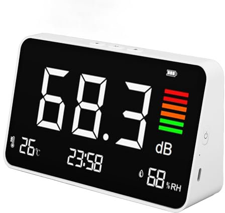 Digital Decibelmätare, 30-130dB Digital Ljudnivåmätare med Tidstemperaturfuktighetsmätare, LCD-skärms Brusmätare för Hem, Studio, Fabrik, Klassrum