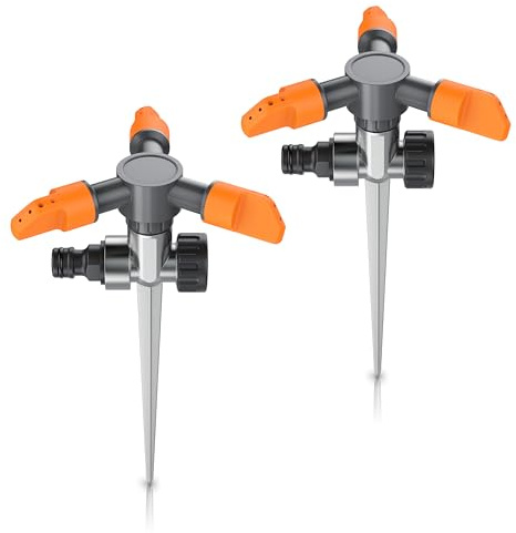 Brandson - 2 x Rasensprinkler 3 Fach mit Erdspieß – Rasensprenger 360 Grad - Flächenregner Sprühregner - Sprinkler mit 3 Arm – Einstellbarer Winkel 45° - 90° - Reichweite bis zu 14 m - robuster Spike