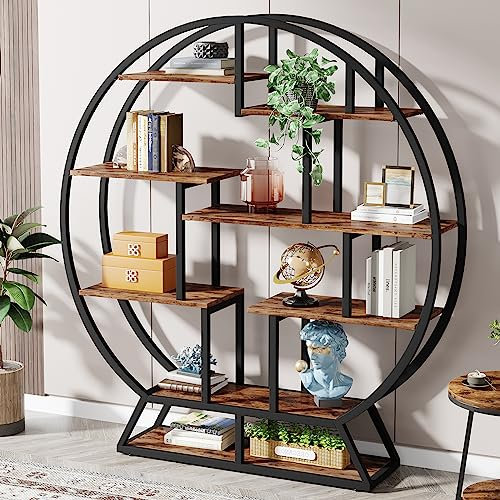 Industrial Bookshelf - 63-Inch Etagere Bookcase with Staggered Shelves, Rustic Open Shelving Organizer Rack for Home Office or Living Room Storage Display
