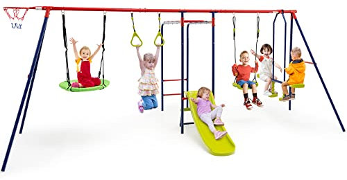 COSTWAY 7-in-1 Kids Swing Set, Heavy Duty Swing Stand with 2 Swings, Slide, Glider, Gym Rings, Monkey Bars and Basketball Hoop, Children Playground Equipment Set for Backyard Garden Yard (Red+Blue)