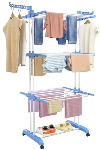 SIMPDIY Wäscheständer Wäschetrockner Turm, Turm-Wäscheständer mit 6 Klappbare Flügel und 2 Seitenflügel, Standtrockner Wäscheturm mit Rollen für Innen und Außen, Blau