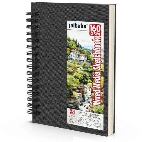 Joibabe Mixed Media Sketchbook A5, 160GSM Acid Free Art Paper, 60 Sheets Spiral Bound, Portable Art Pad for Watercolour, Acrylic, Markers, Pencils, Sketching for Artists, Adults and Students