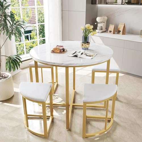 Modern matgrupp – matbord runt med 4 stolar, MDF-bordsskiva med förgylld metallram, sammetsstoppning, utrymmesbesparande och stabilt för kök eller matsal