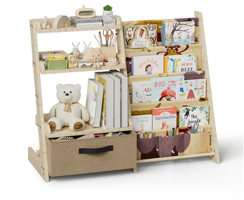 Scaffale per bambini con organizer per giocattoli 2 in 1 – Libreria in legno e tessuto con 4 scomparti, cassetto e tasche portapenne, scaffale sicuro per bambini, altezza 68 cm, per cameretta dei
